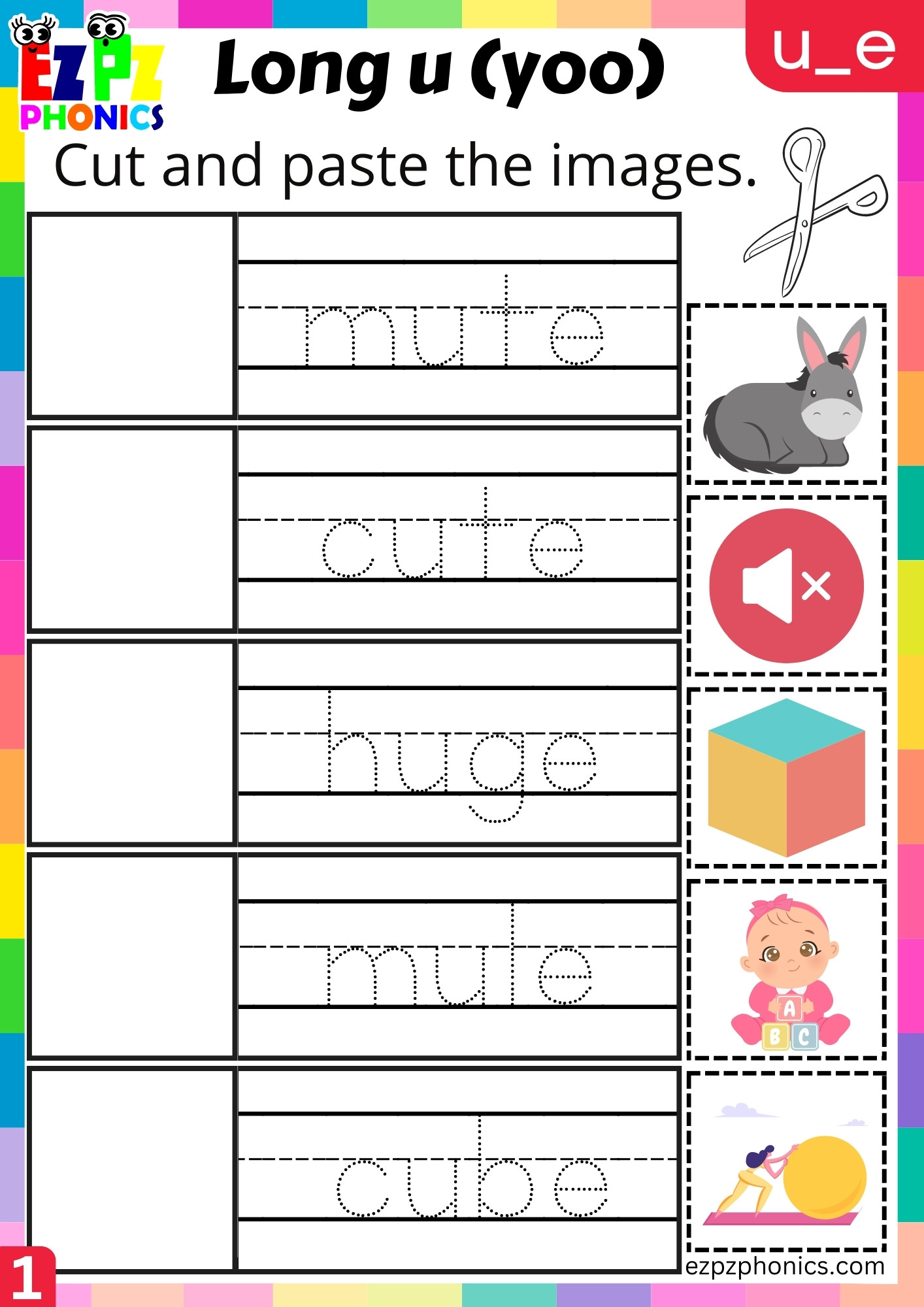 Cut and Paste the Images Activity for for u_e Words Long u (yoo) Sound